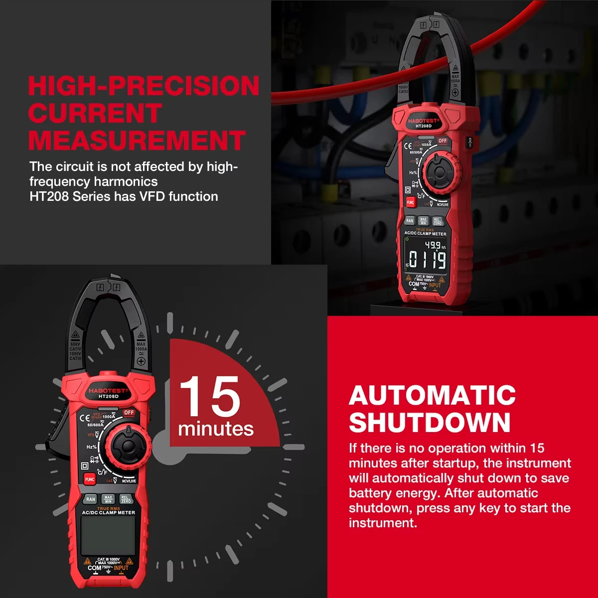 HABOTEST HT208 Clamp Meter 1000A 1000V AC DC True RMS Digital Clamp Meter Amperimetrica Capacitance Temperature Ohm Hz Tester