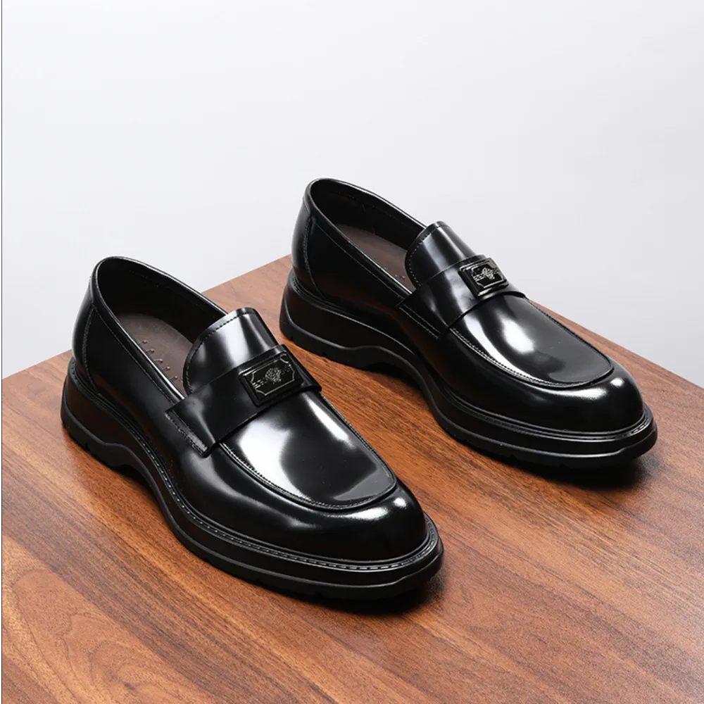 Summer Mens Genuine Full Grain Leather Loafers Bright Surface British Style Thick Sole Business Casual Dress Shoes