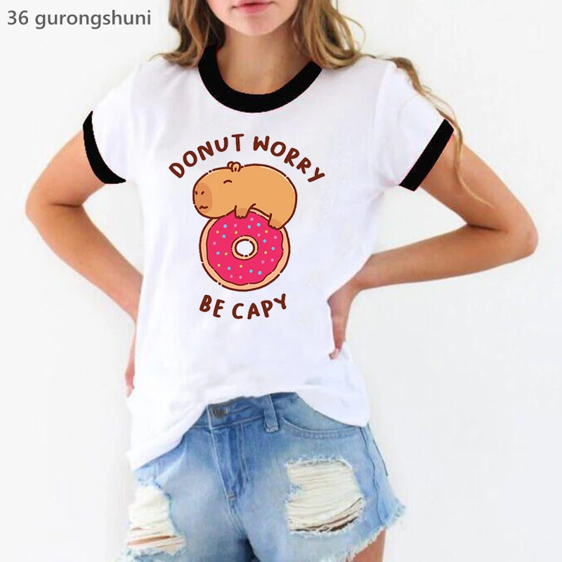 

Donut Worry Be Capy Graphic Print T Shirt Women Clothes 2024 Funny Capybara Tshirt Femme Summer Fashion Short Sleeve T-Shirt