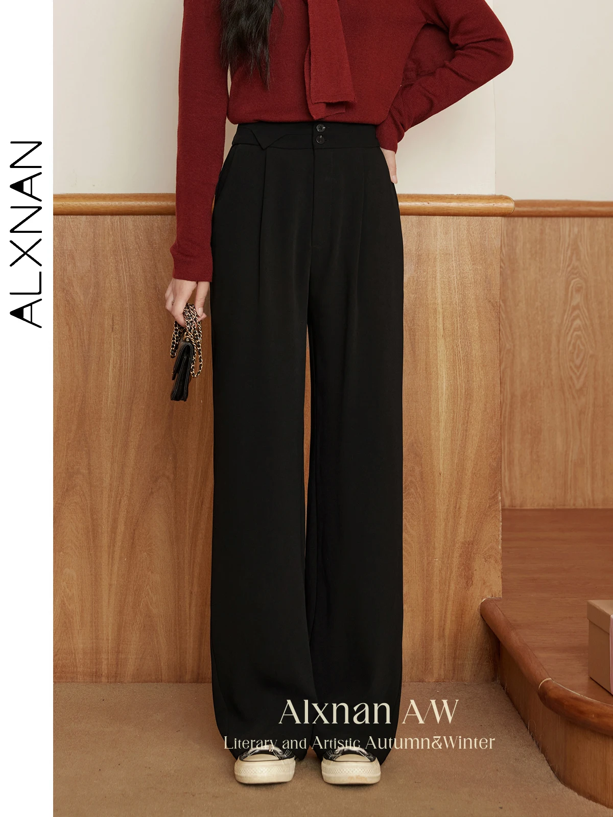 

ALXNAN Black Wide-leg Pants Women's Straight Classic High-waist Casual Baggy Pants 2025 Fall Winter Female Trousers L39930