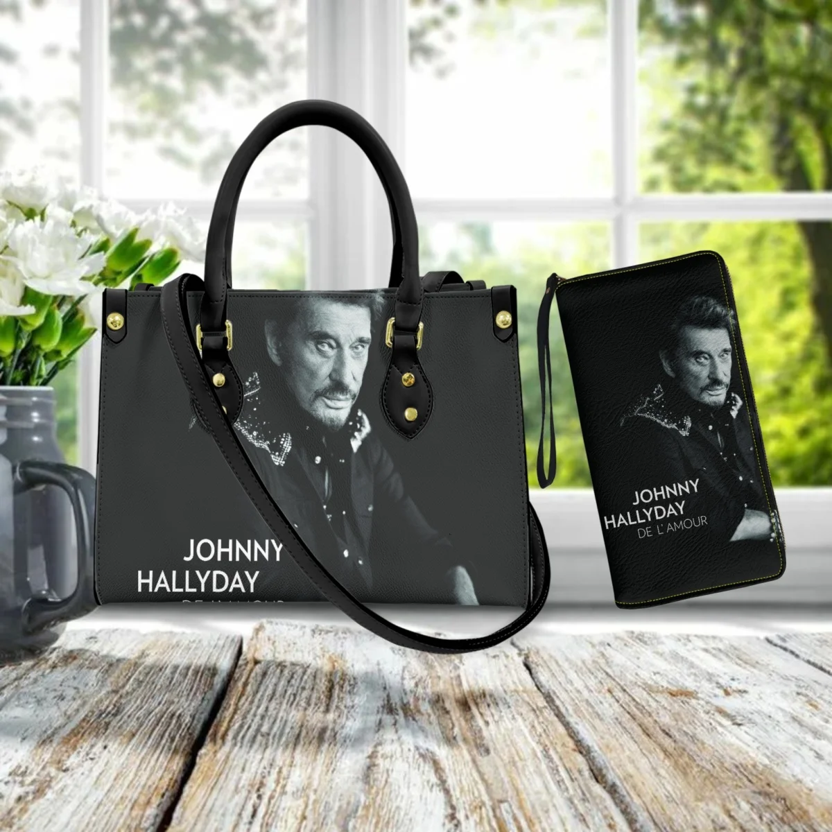 Johnny Hallyday Rock Singer Fan Gift Handbags and Purse for Women Luxury PU Leather Female Small Cross Body Bags with Long Purse