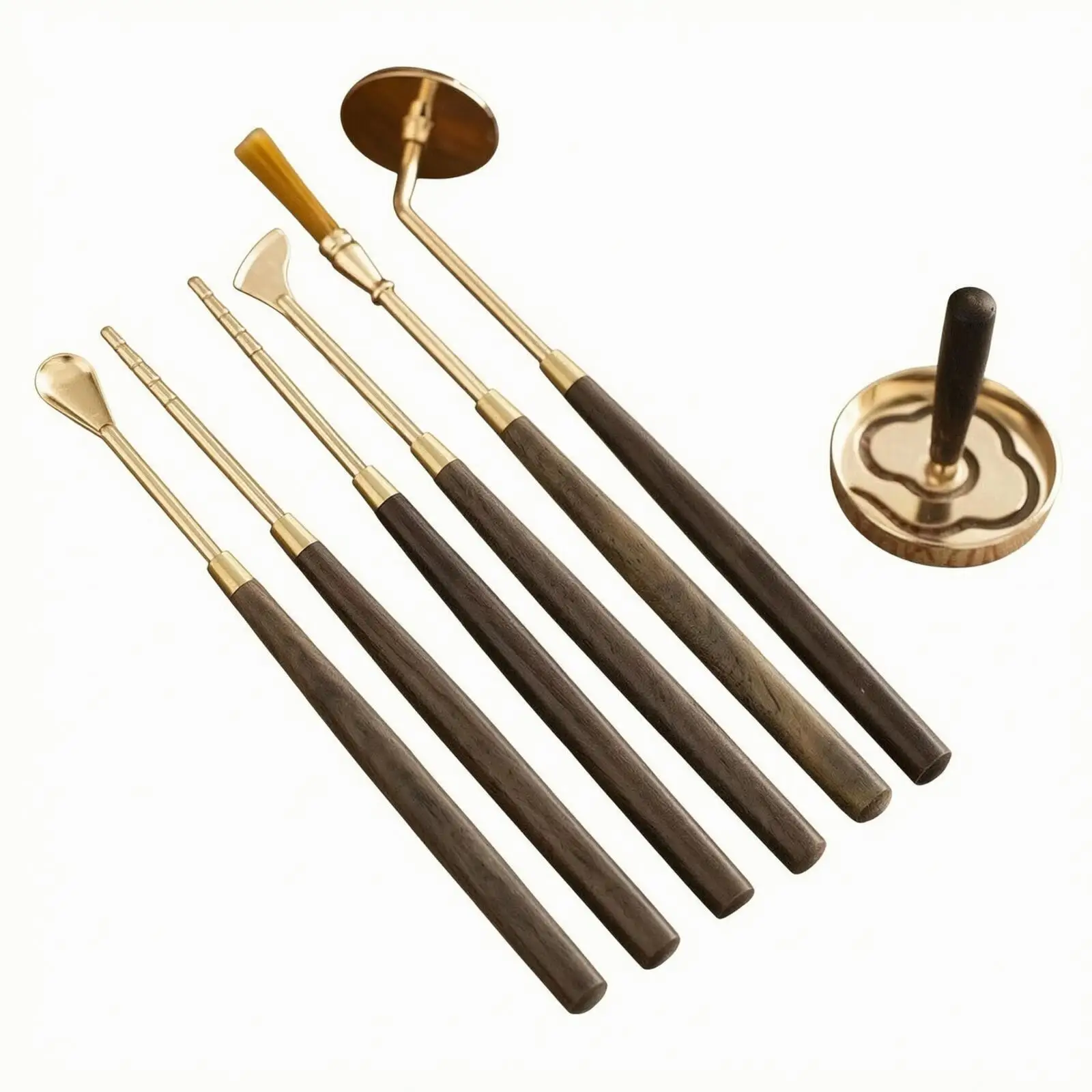 Copper Utensil Set with Wood Handle for Scent Powder Management and Ash Leveling in Personal Sanctuary