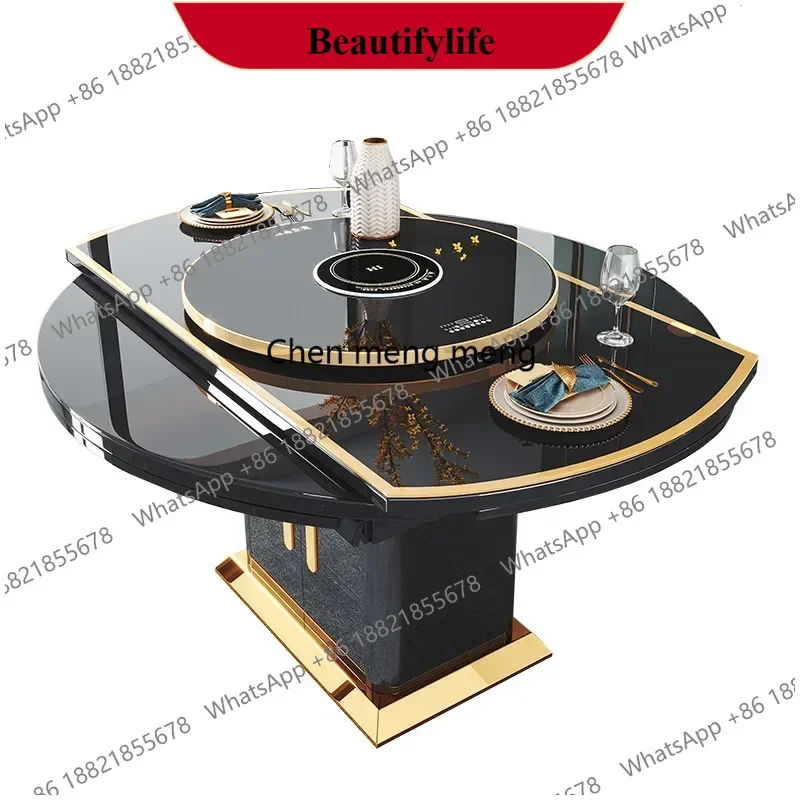 z183 Black Dining Tables Tempered Glass Smart Heating Modern Luxury Extendable Round Table Chairs Set 6 with Induction Hob Home-