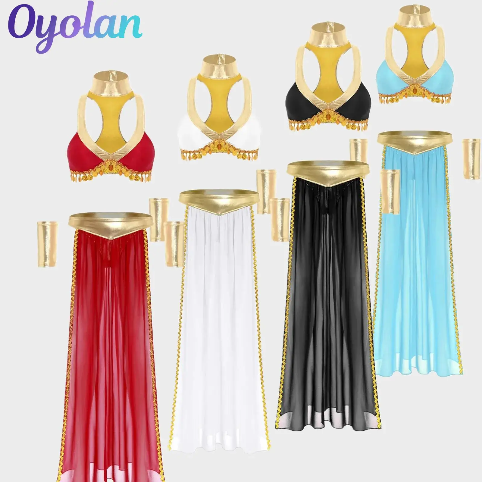 

Womens Metallic Shiny Ancient Egyptian Queen Cosplay Outfits Crop Top Collar Sleeves And Side Slit Skirt Halloween Costumes