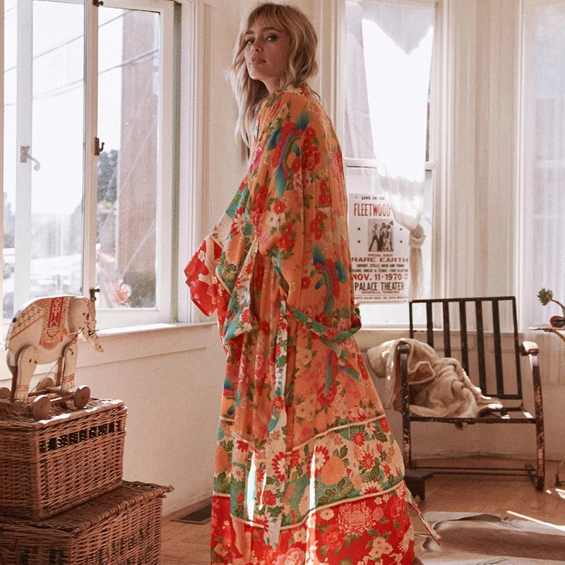 Floral Print Women\'s Bathrobe Summer Thin Chiffon Ladies Dressing Gown Loose Beach Wear Kimono With Sashes For Female 2024