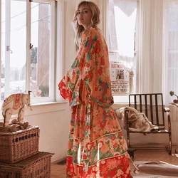 Floral Print Women's Bathrobe Summer Thin Chiffon Ladies Dressing Gown Loose Beach Wear Kimono With Sashes For Female 2024