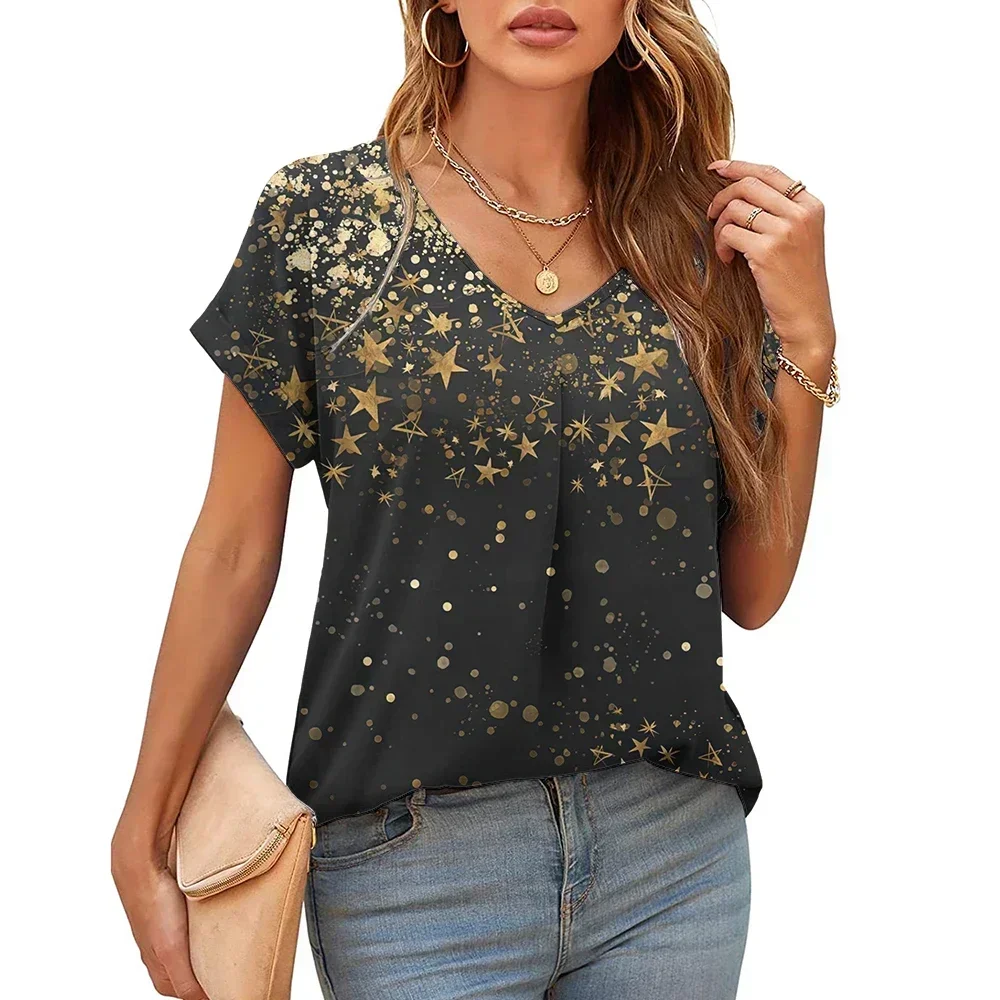 Luxury Star Print T Shirt For Women Fashion V Neck Ladies Short Sleeve Oversized Tops Summer Casual Blouse Female Designer Tees