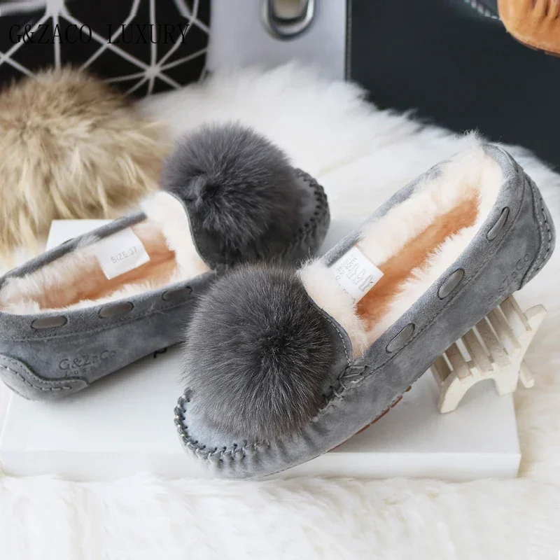 G&Zaco Luxury Autumn Winter Sheep Fur Flats Shoes Natural Fox Fur Genuine Leather Cow Suede Shoes Nubuck Female Flats Shoes