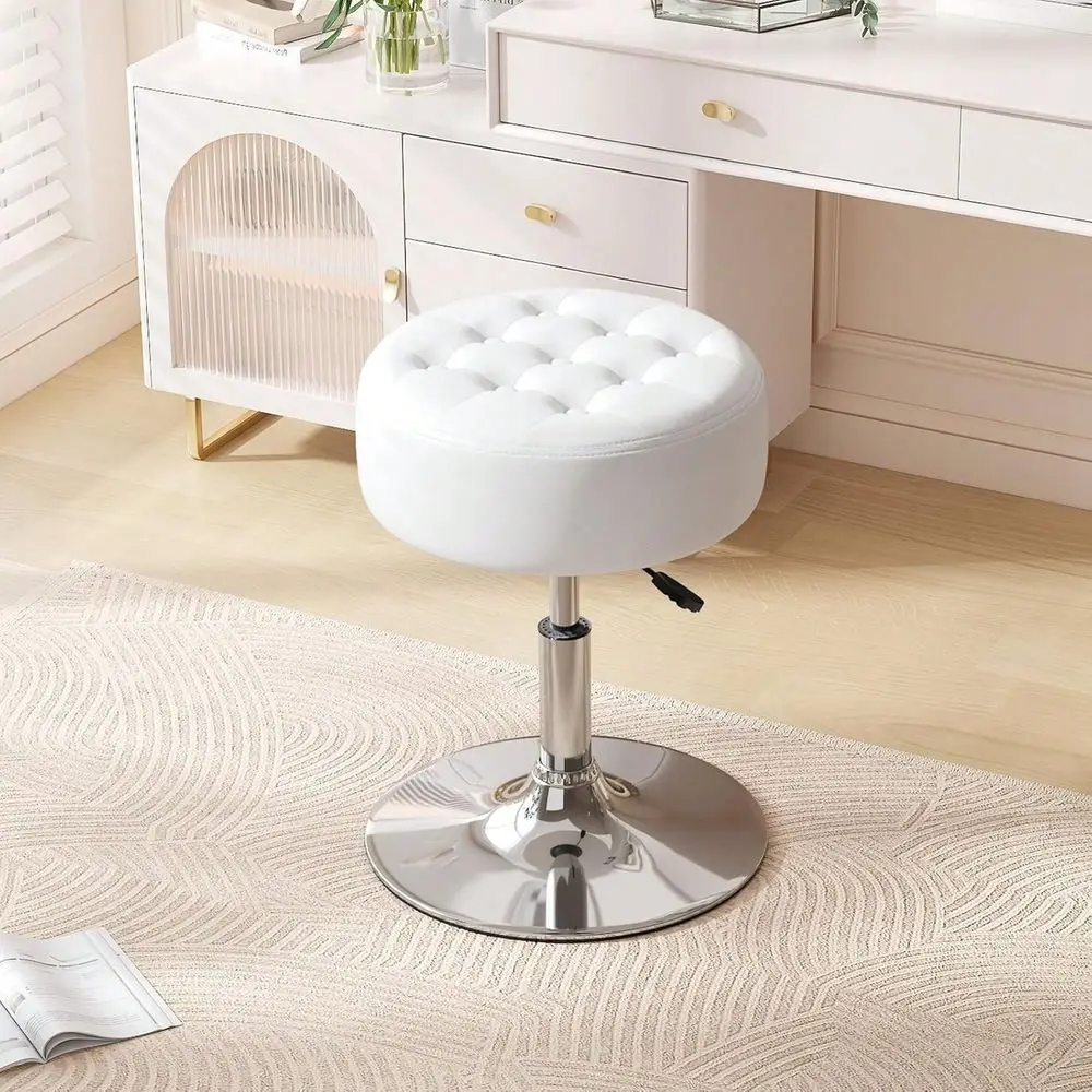 

Tufted Adjustable Swivel Makeup Ottoman Stool Modern Big Size Round Vanity Stool Chair For Bedroom Living Room White