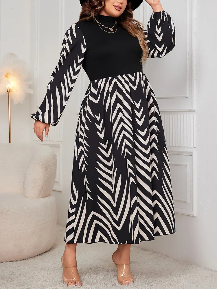 GIBSIE Plus Size Wavy Stripe Lantern Sleeve Autumn Dress Women 2024 Mock Neck Elegant High Waist OL Casual A-line Long Dresses