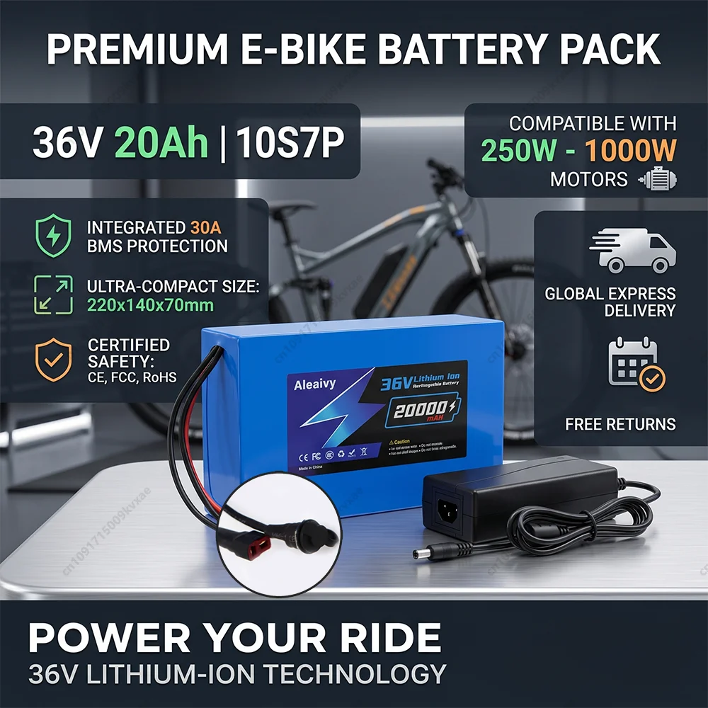 36V 20Ah Ebike Battery, Lithium Ion Battery Pack for 100W-1000W Motor with 30A BMS and 42V 2A Charger, IP65 Waterproof, T-Plug