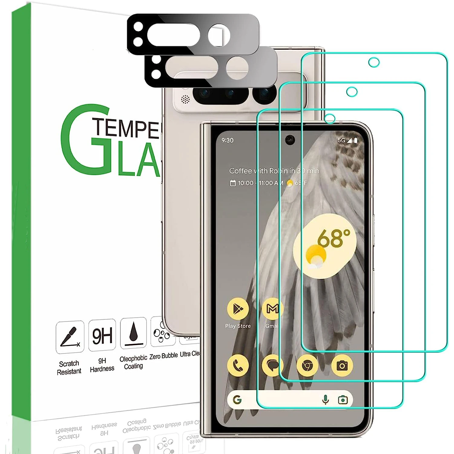 [5 Pack] for Google Pixel Fold Screen Protector 3 Pack Tempered Glass Screen Protector + 2 Pack Camera Lens Protector