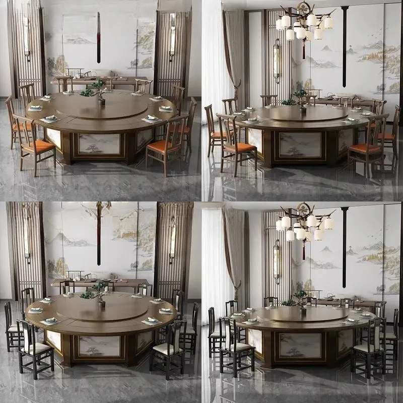 New Chinese-style solid wood hotel electric dining table restaurant clubhouse large round table 15 people 20 people