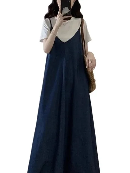 Ensemble deux pièces décontracté et respirant pour femme grande taille 300, en jean, avec T-shirt et jupe longue, coupe ample, idéal pour l'été