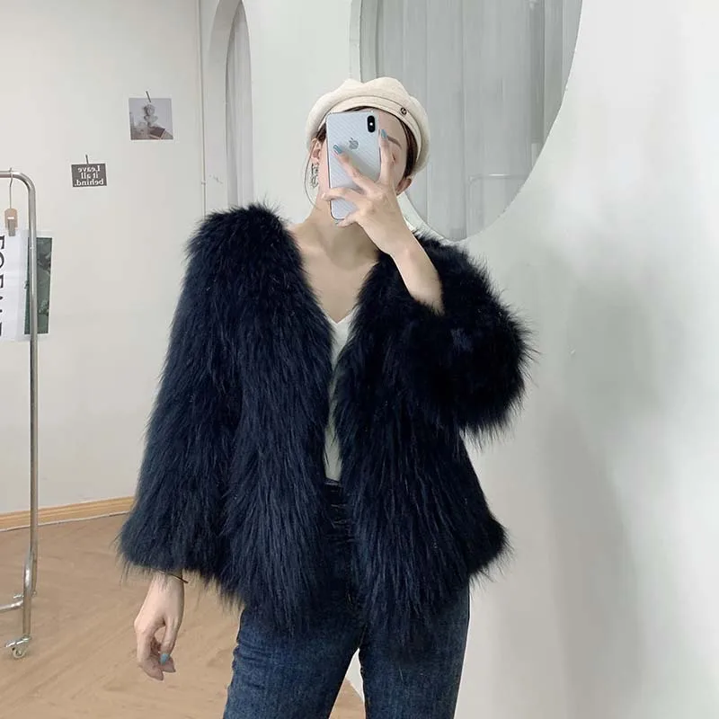 2022 New Raccoon Wool Woven Fur Coat for Women with Large V-neck, Front Long Back Short Basic, Versatile, Slim and Fashionable S