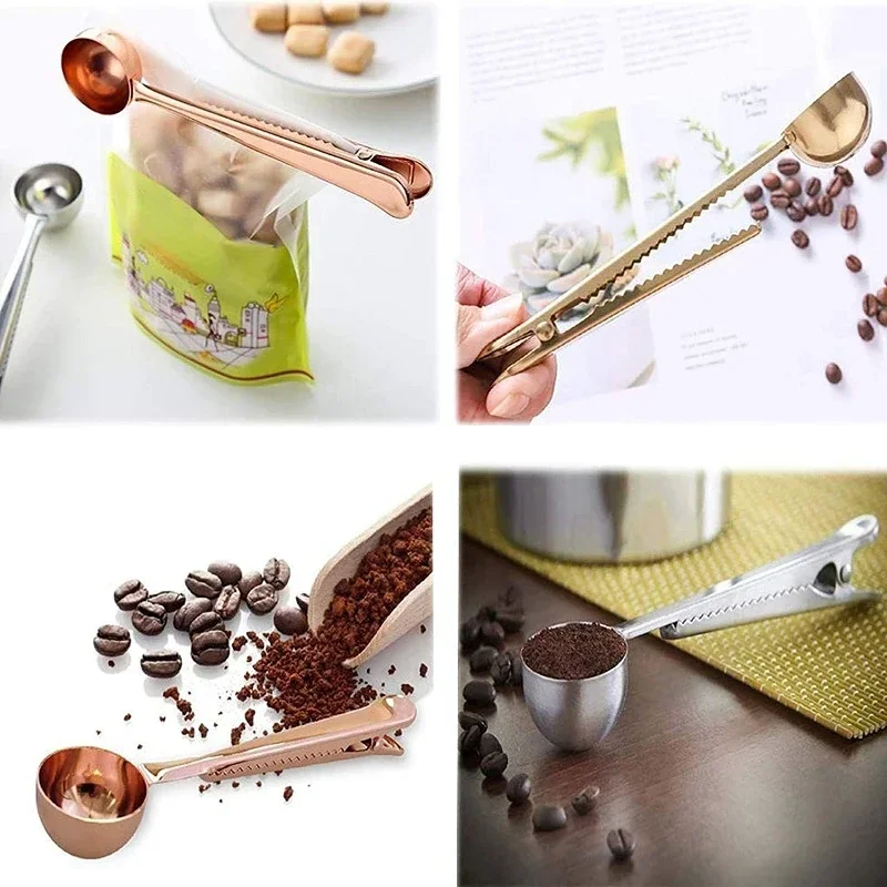 Two-in-one Stainless Steel Coffee Spoon Sealing Clip Kitchen Gold Accessories Recipient Cafe Tools Coffee Measuring Scoop