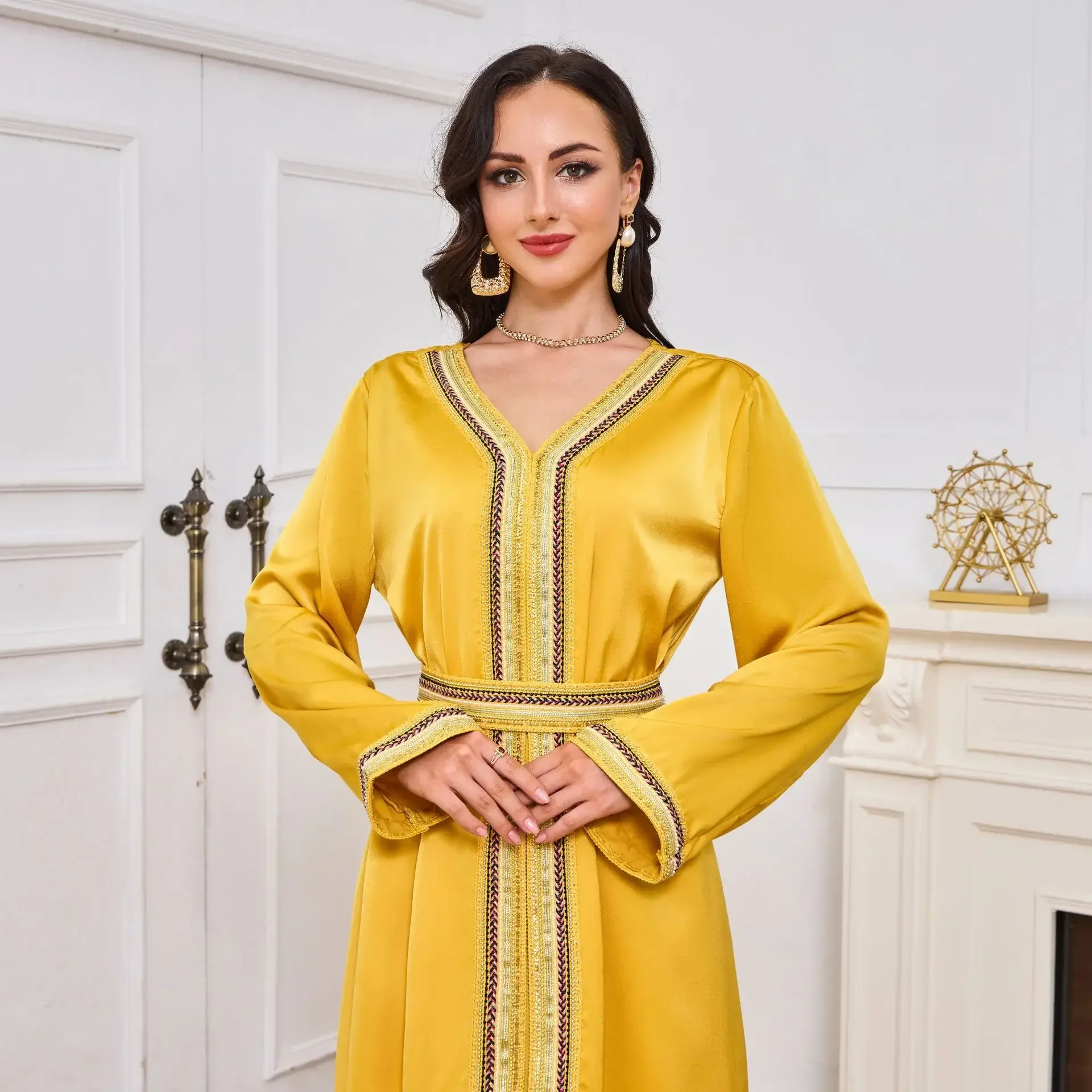 Robe musulmane à manches longues pour femmes, caftan marocain, cardigan islamique, abaya de Dubaï, robe de soirée fendue, jaune, arabe