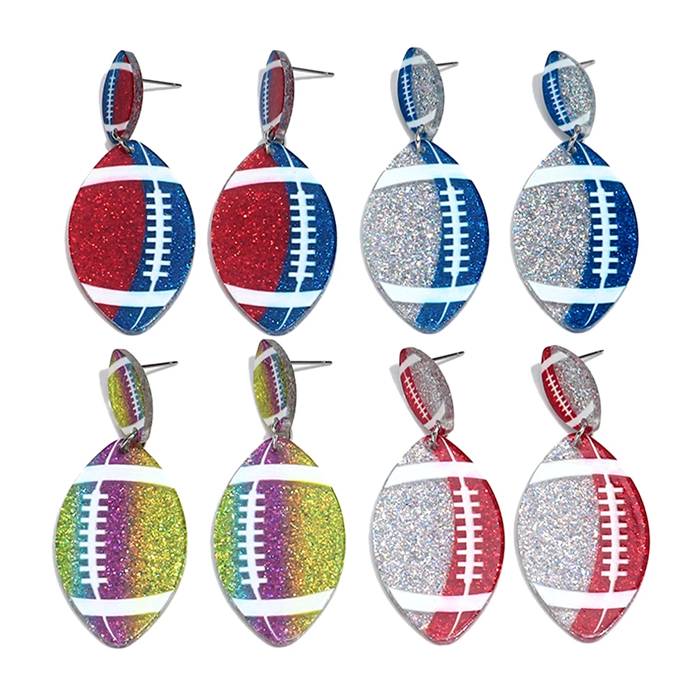 Juego de 3 pares de pendientes colgantes de rugby con purpurina para mujer, pendientes de acrílico con temática deportiva, para el día del partido, fiesta de fans, disfraz, joyería de moda.