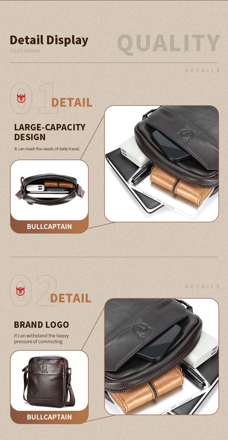 BULLCAPTAIN Herren-Umhängetasche, modische Ledertasche, trendige Retro-Herren-Umhängetasche aus hochwertigem Rindsleder. – Detail 11