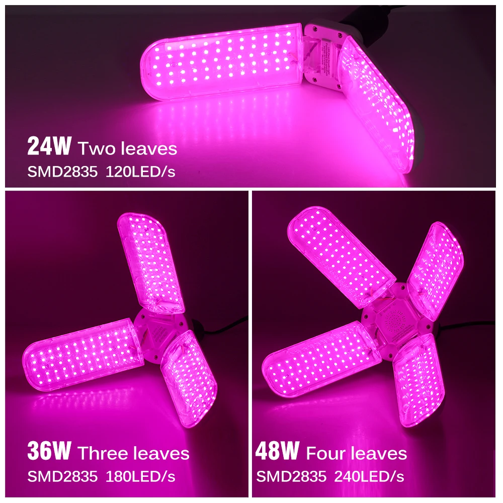 24W 36W 48W Foldable LED Grow Light Full Spectrum Purple Red Light E27 Phytolamp Bulb For Indoor Plants Seeding Veg Growing Lamp