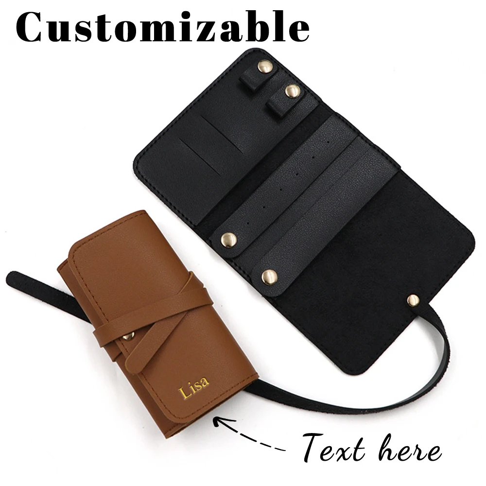 Customized name PU leather travel jewelry bag, ring, necklace, ear ring, storage roll, bag strap, jewelry case
