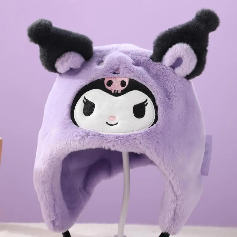 Sanrio Girls' Plush Hat Scarf, Chapéu à prova de vento infantil, Quente e Coldproof, Cartoon Kuromi, My Melody, Clothing Gift, Inverno