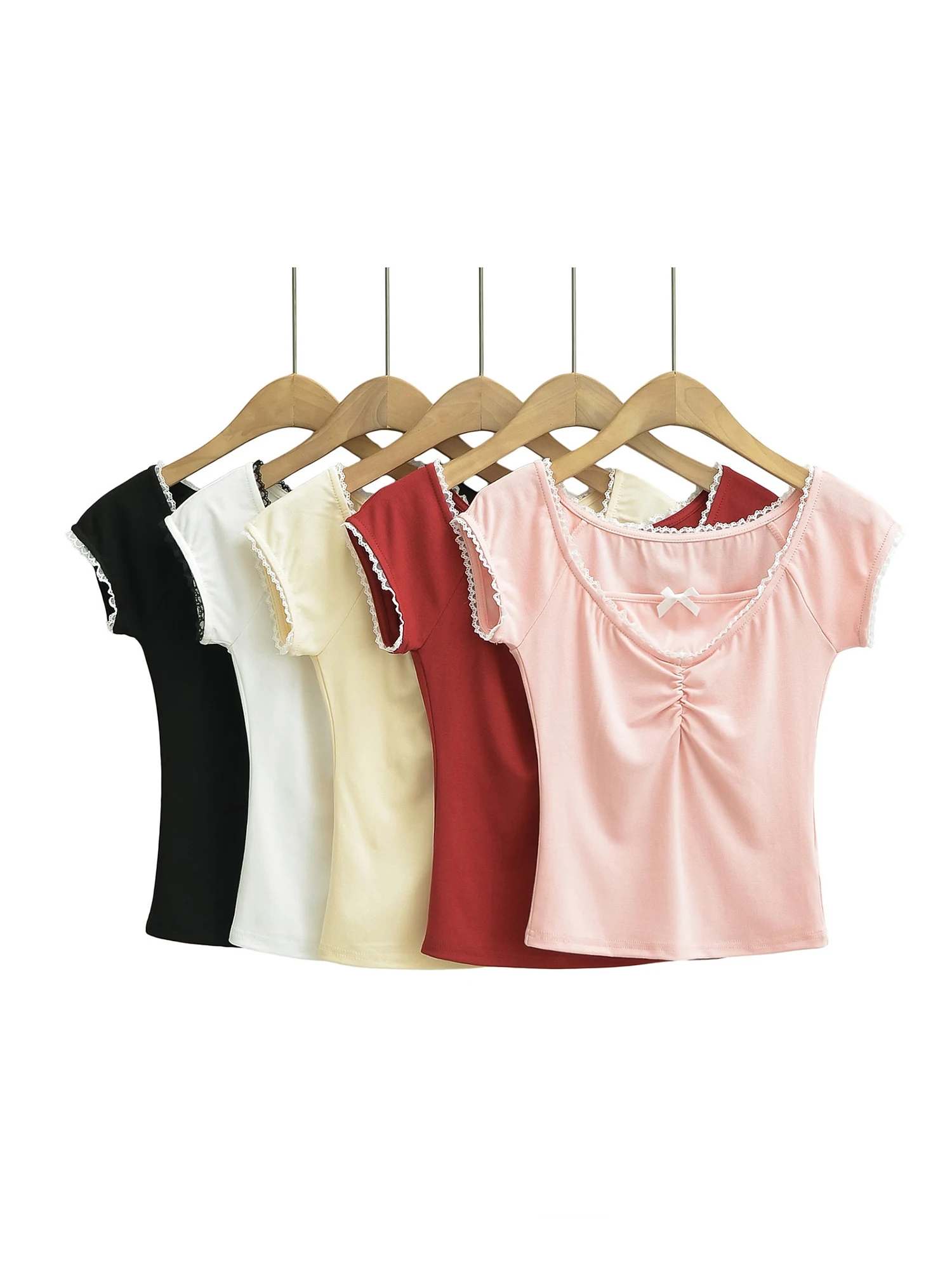 Women's Red Lace Patchwork V-Neck Short-Sleeve T-shirt Fake Two-Piece 2000s Vintage Y2K Gyaru Short Sleeve Tee Top Summer 2026
