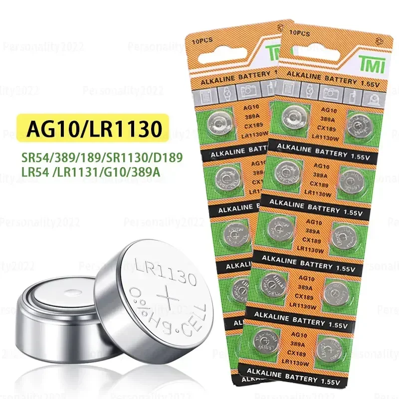 

10-100pcs Button Battery AG10 LR1130 Batteries LR54 SR54 389 LR54 189 1.55V Coin Cell Applicable Watch Alarm Clock Calculator