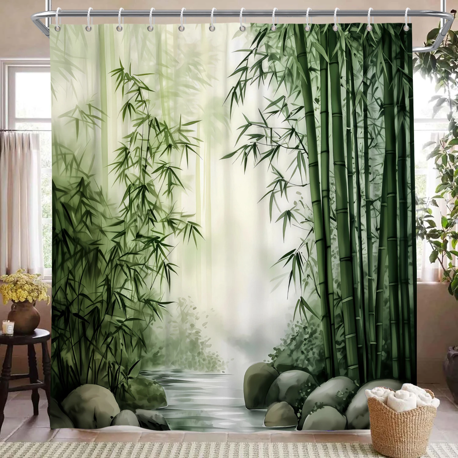 

Zen Bamboo Forest Shower Curtain Nature Landscape Print Waterproof Screen Bath Curtain For Bathroom Decor Polyester With 12 Hook