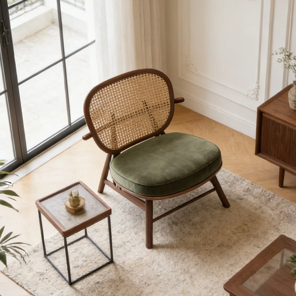 

klModern Walnut Wood Rattan Lounge Chair Green Velvet Upholstered Armless Accent Leisure Seating for Living Room！