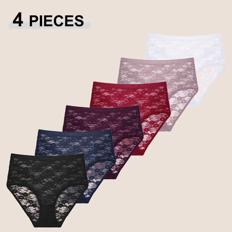 4PCS Sexy Lace Floral Hollow Out Panties Women Seamless Perspective Breathable…