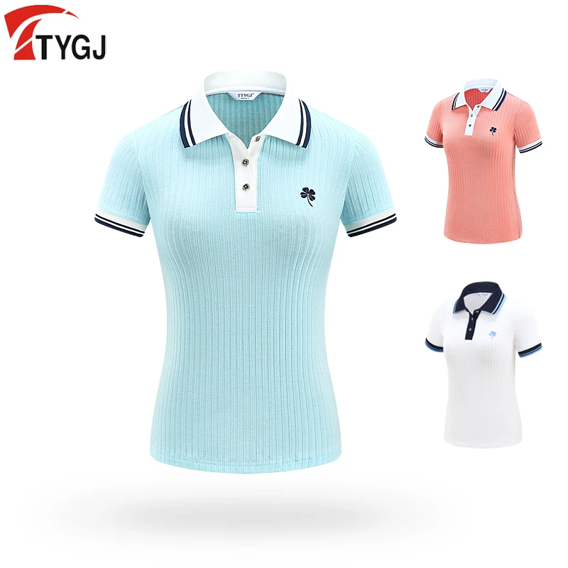 TTYGJ Summer Knit Golf T-shirt Women Short-sleeved Polo Shirt Ladies Striped Slim Sports Tops Girls Breathable Sportswear S-XL