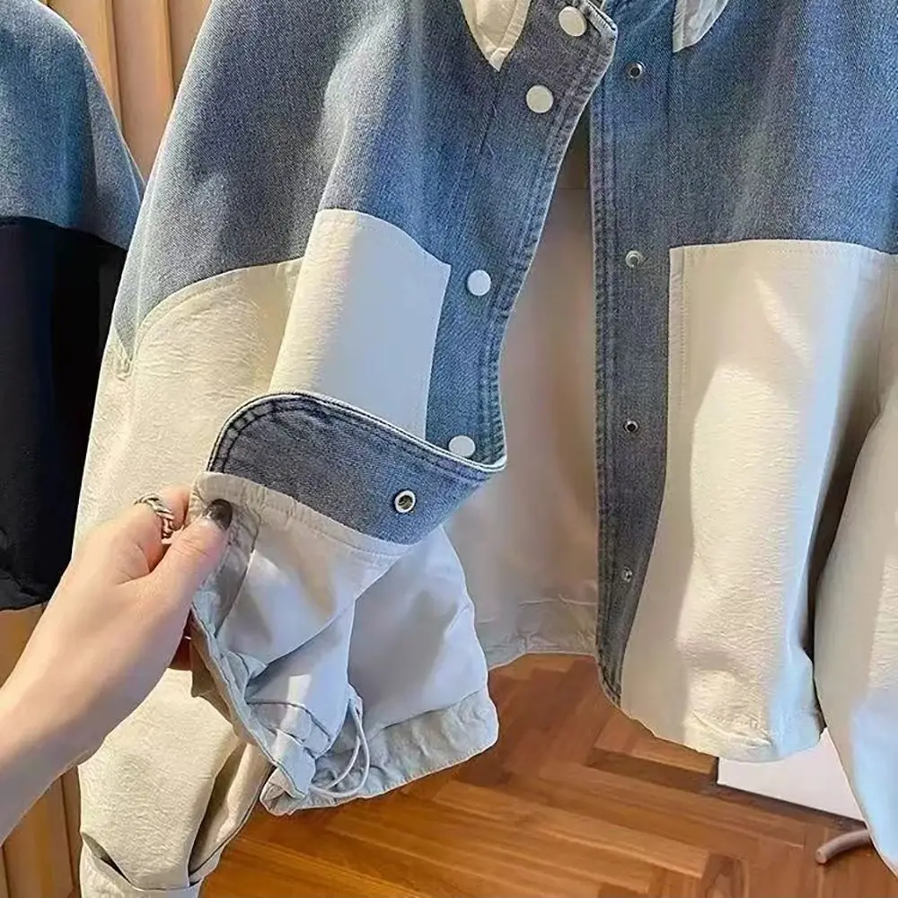 

Denim Patchwork Stand Up Collar Women Jackets Spring Autumn Outerwear Oversized Casual Loose Single Breasted Short Coats Tops