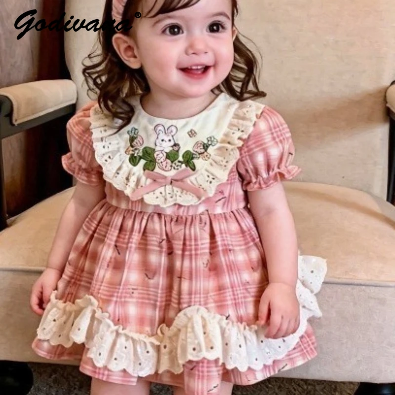 

Cute Baby Girl Lolita Princess Dress 2026 Summer Sweet Girls Red Plaid Puff Sleeve Cartoon Print Lace Trim Birthday Party Dress