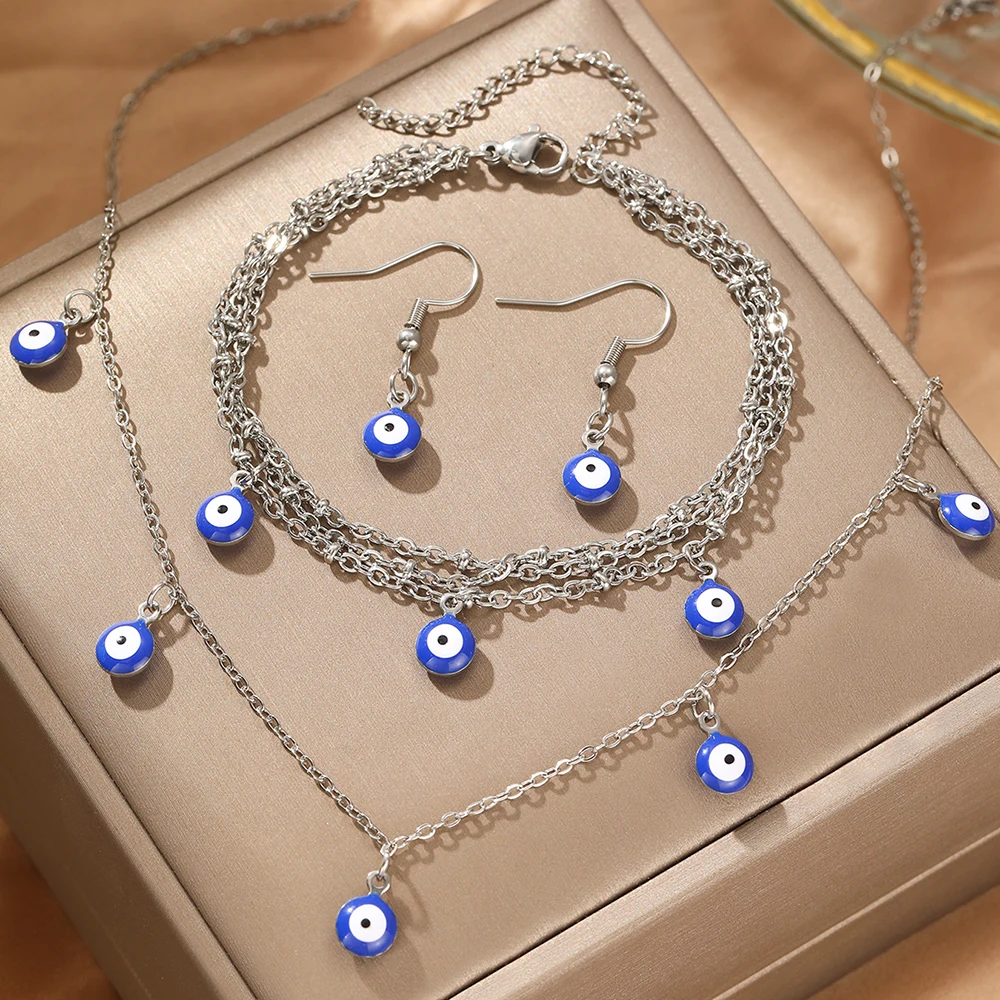 Stainless Steel Jewelry Set Fashion Hanging Small Eyes Earrings Bracelets Necklaces 3 Piece Jewelry Set For Women Jewelry Gifts