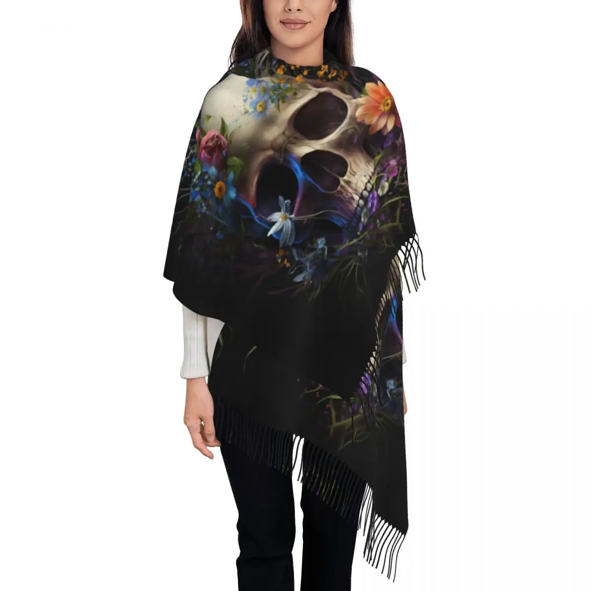 Custom Printed Skull And Flowers Scarf Men Women Winter Fall Warm Scarves Shawls Wraps