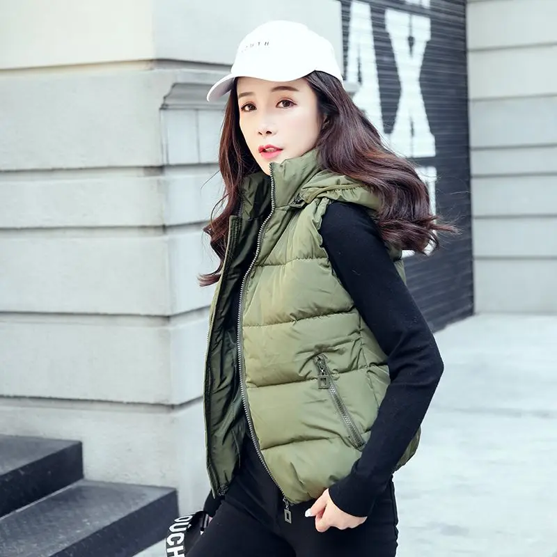 Detachable Hat 2023 Autumn/Winter New Women\'s Cotton Vest Short Korean Version Slim Down Cotton Tank Top Coat