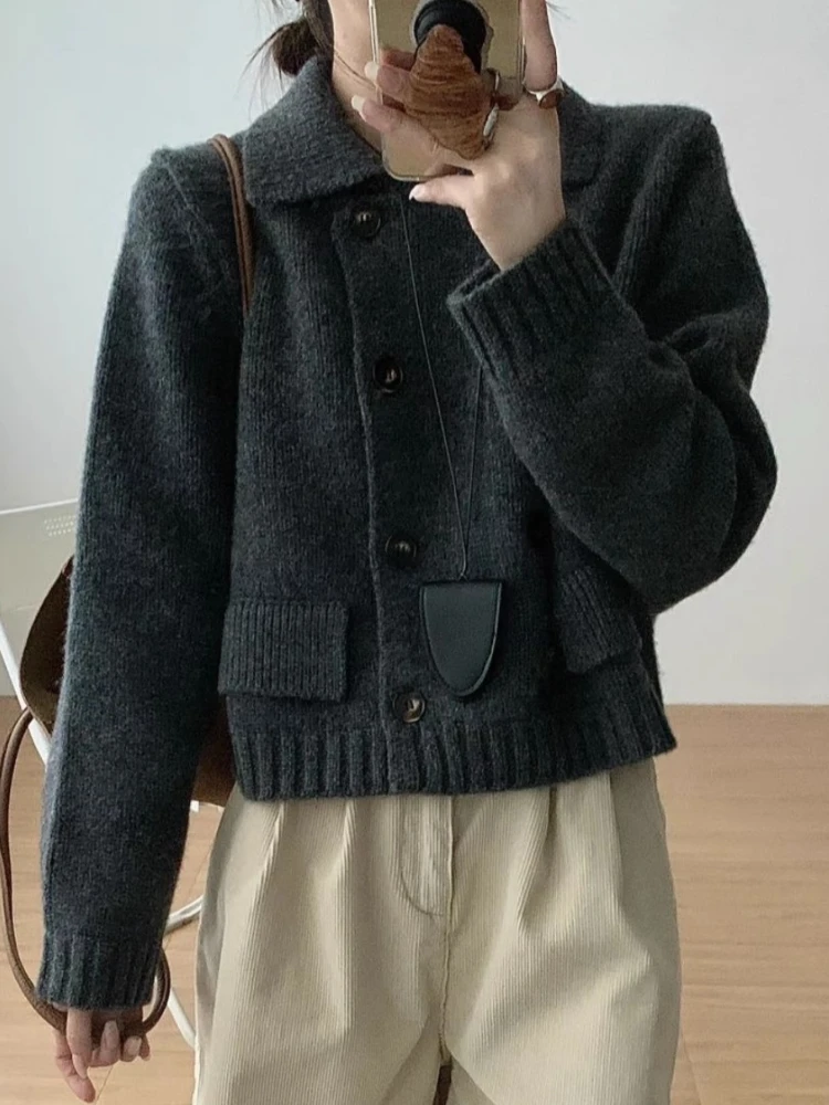 

Женская осенне-зимняя новая стильная корейская верхняя одежда, теплый свитер с длинными рукавами, двухрядная пуговица, однотонный кардиган с отложным воротником