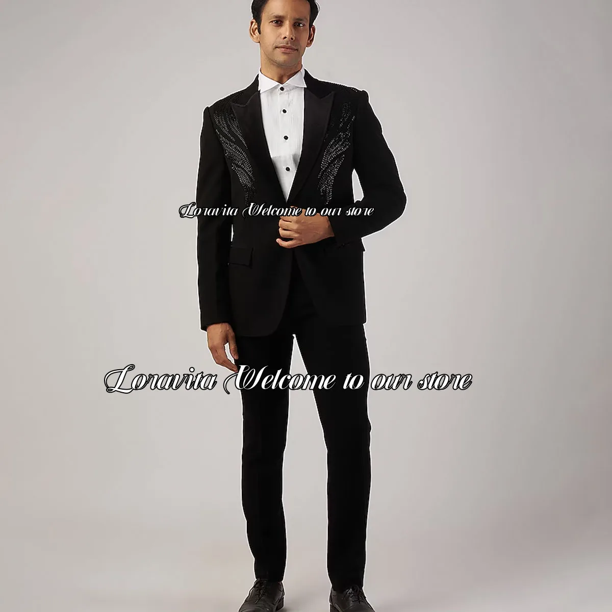 Fashion Peaked Lapel Groom Wedding Tuxedos Prom Blazers Luxury Beaded Crystals Men Suits 2 Pieces Party Slim Fit Costume Homme