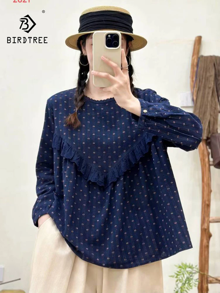 Chemise à manches longues en coton pour femmes, chemisier ample à volants, imprimé à pois, Style Preppy Mori Girl, nouvelle collection automne 2025 T5O551CC