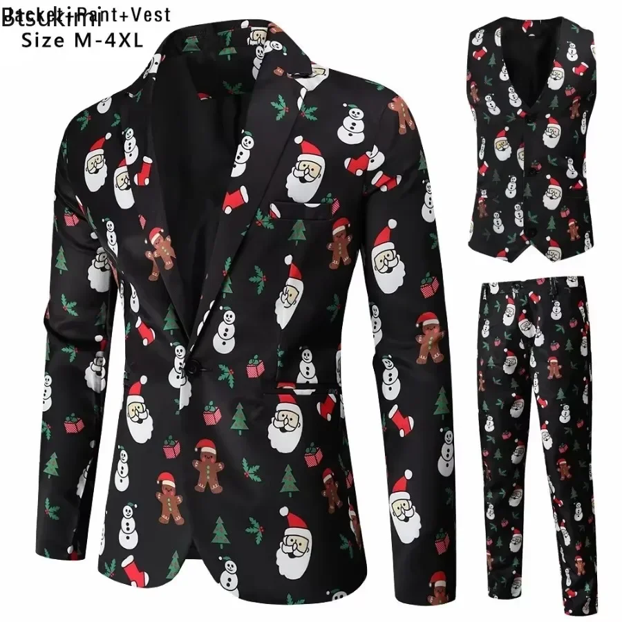 2024 Christmas Suits for Men Funny 3D Print Single-Button 3 Pieces Blazer Sets With Vest Trousers Fashion Casual Men\'s Clothing