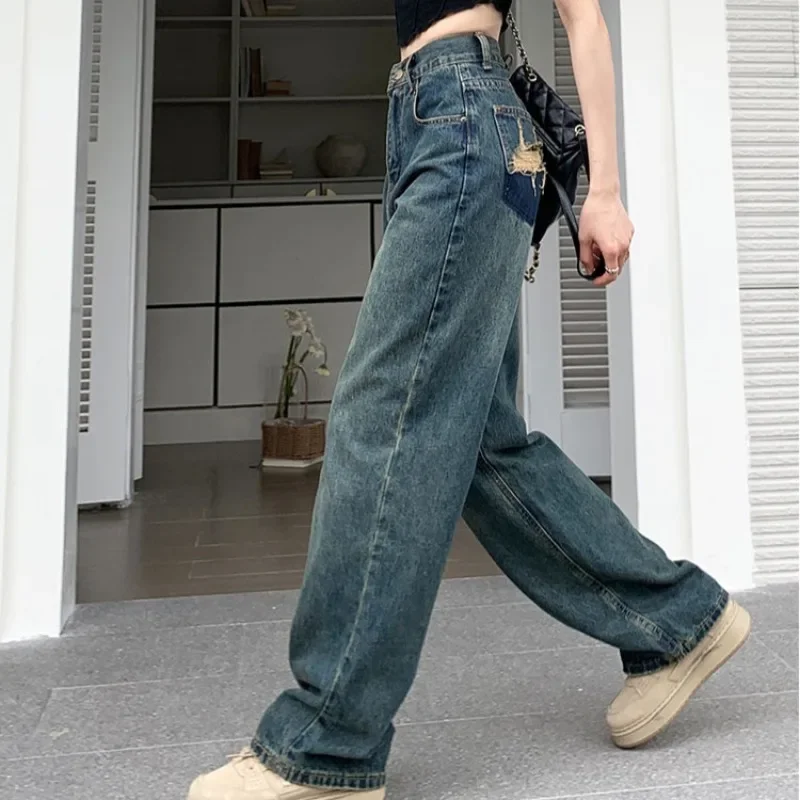 

Шикарные джинсы для женщин, прямые джинсы для девочек-студентов, весенне-осенний крой в стиле ретро, полная длина, повседневные, с высокой талией, универсальные, новый корейский стиль