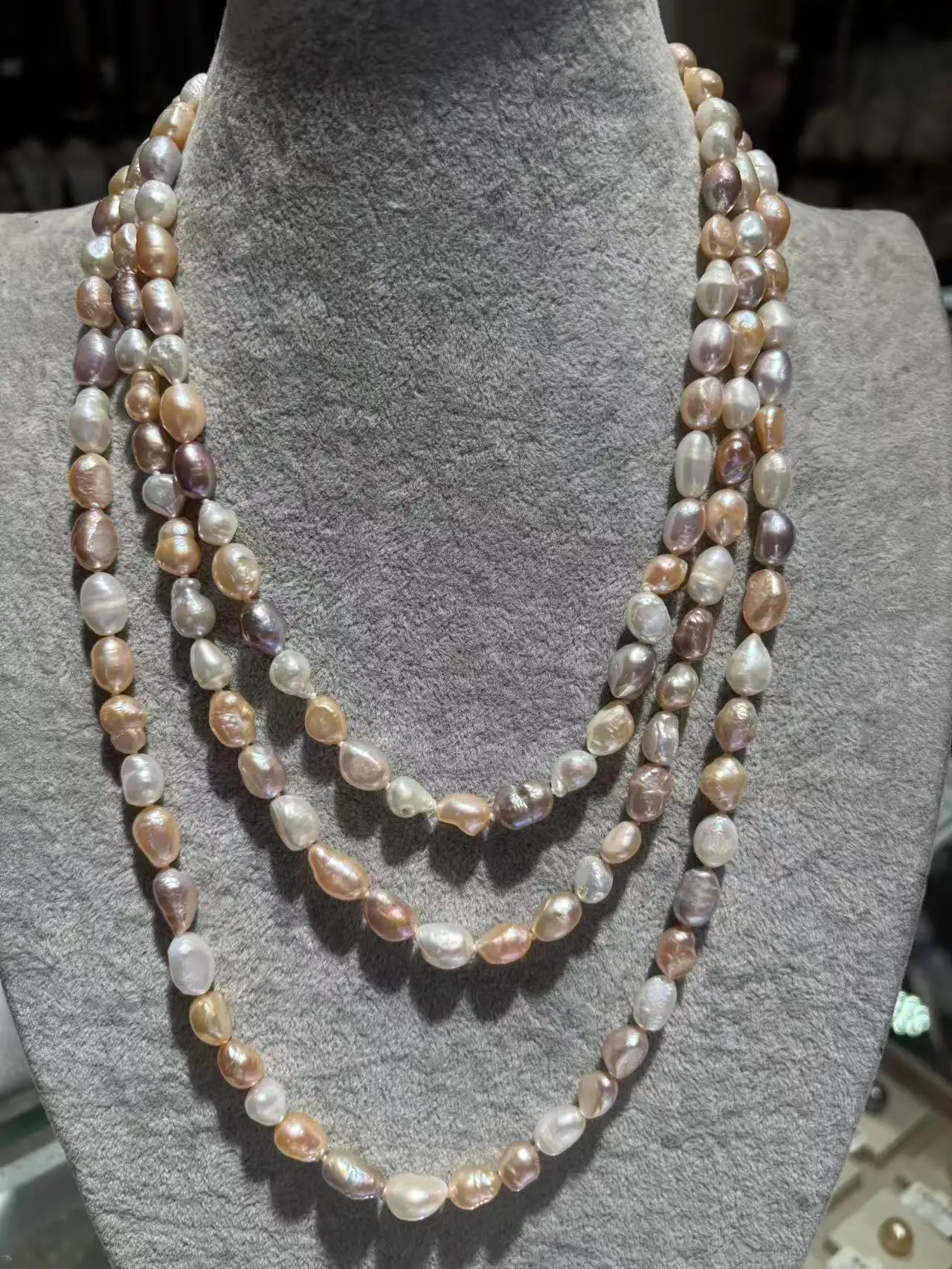 Natural Two-tone Light Pearl Long Hair Clothing Chain Necklace, White Pink Purple Irregular Pearl Pendant Necklace for Women