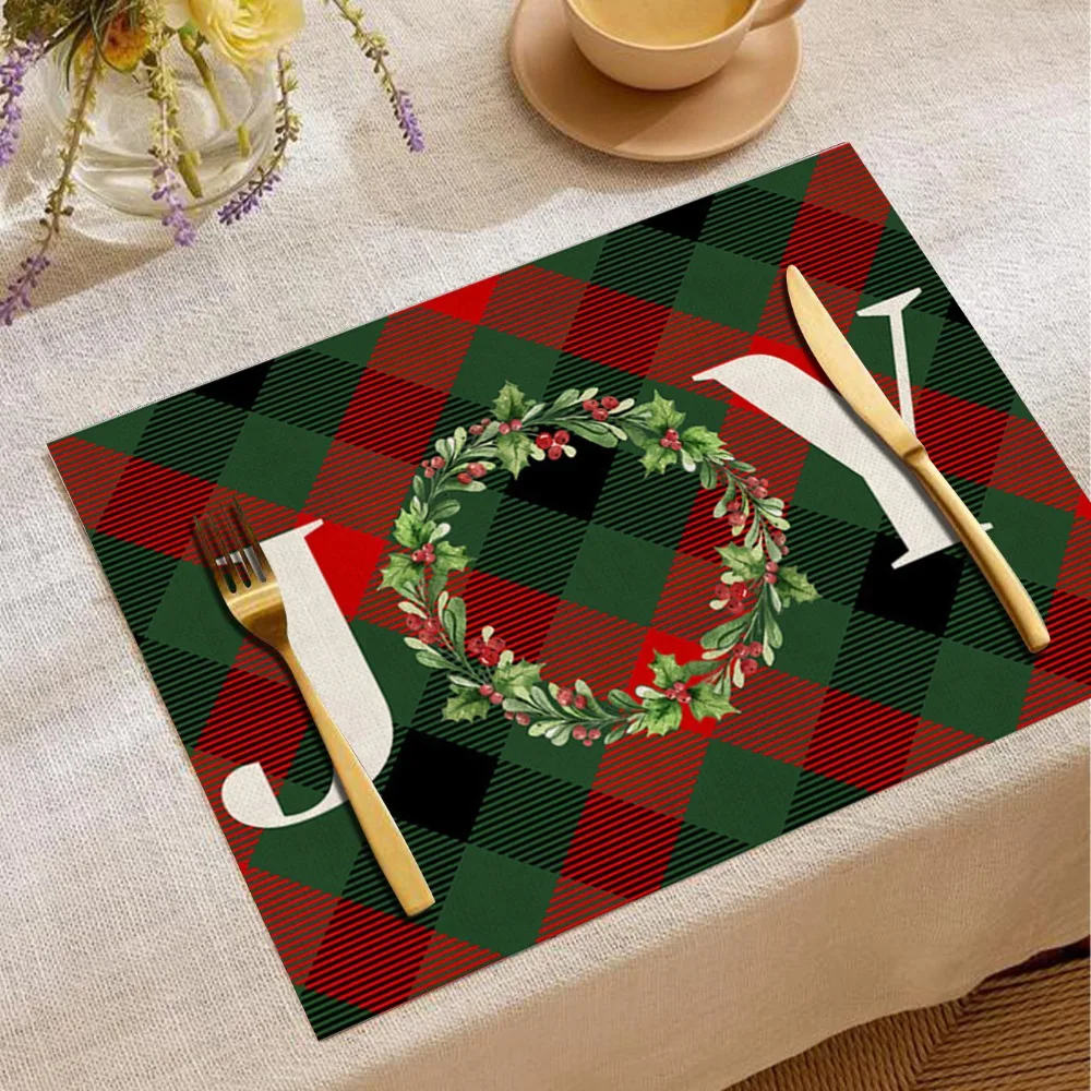 Weihnachten Weihnachten Schneeflocke Tischset Rot Grün Plaid Stechpalmen Kranz Festliches Tischset für Urlaub Tisch Weihnachten Dinner Party Dekor