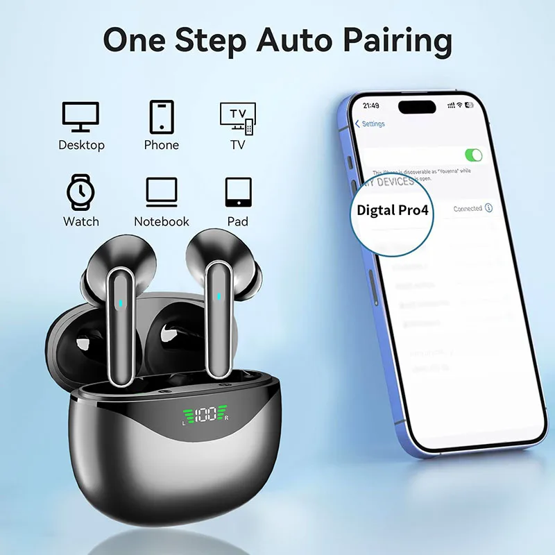 Wireless Earbuds, Bluetooth 5.3 Headphones Built in Noise Cancelling Mic, 5H Playtime LED Display Wireless Earphones Earpieces