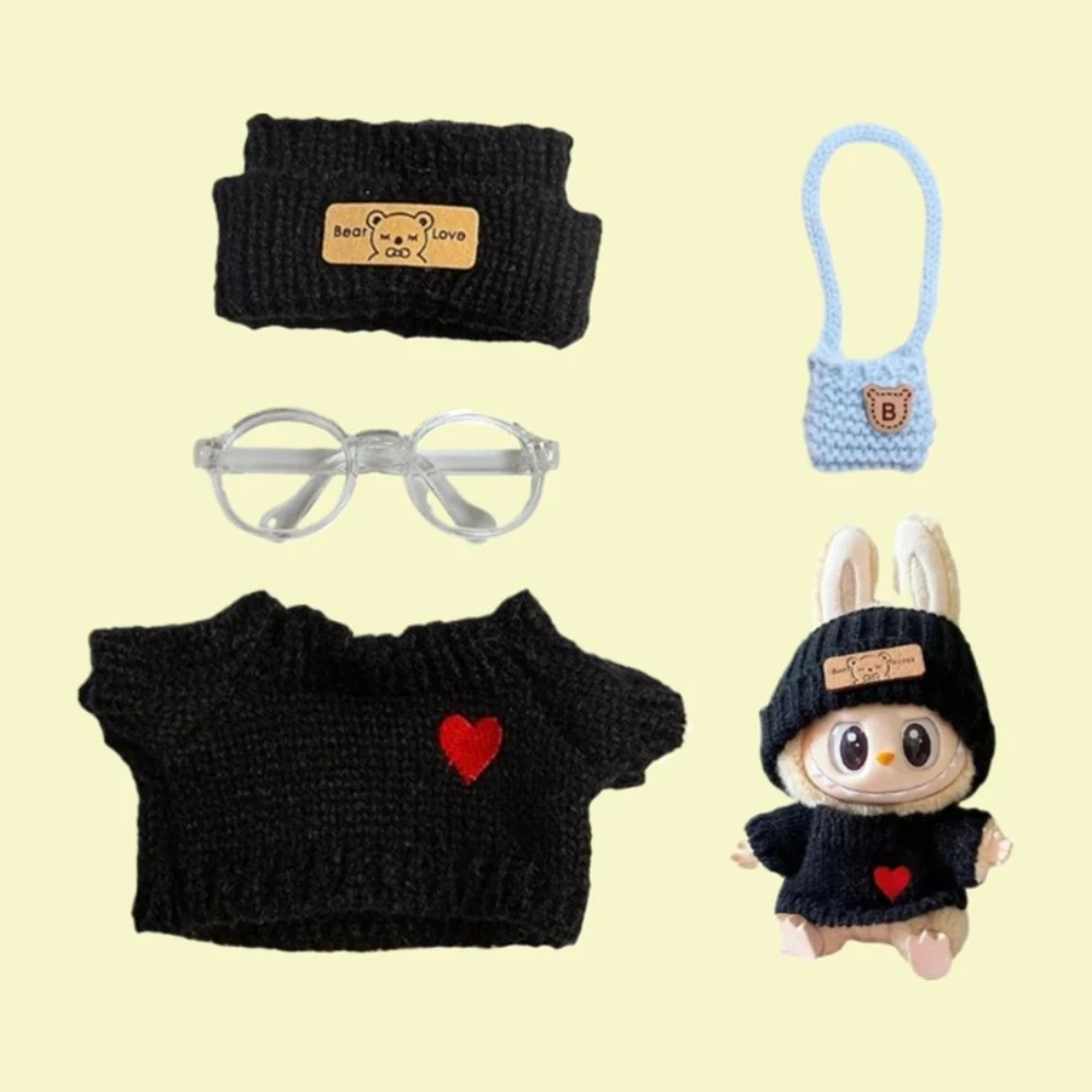 

For 15-17cm Labubu Doll Clothes Set Fashion Knit Sweater with Heart & Headband Outfit Cute DIY Plush Doll Accessories Suitable