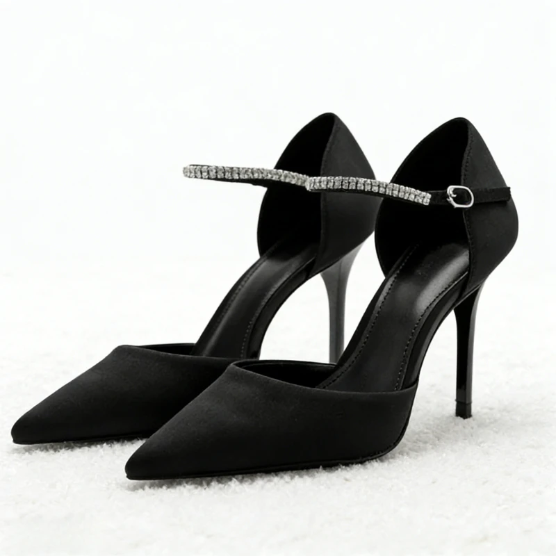 

Black Pointed-Toe Satin High Heels for Women Luxury Rhinestone Ankle Strap Buckle Designer Shoes Elegant Evening Stiletto Sandal