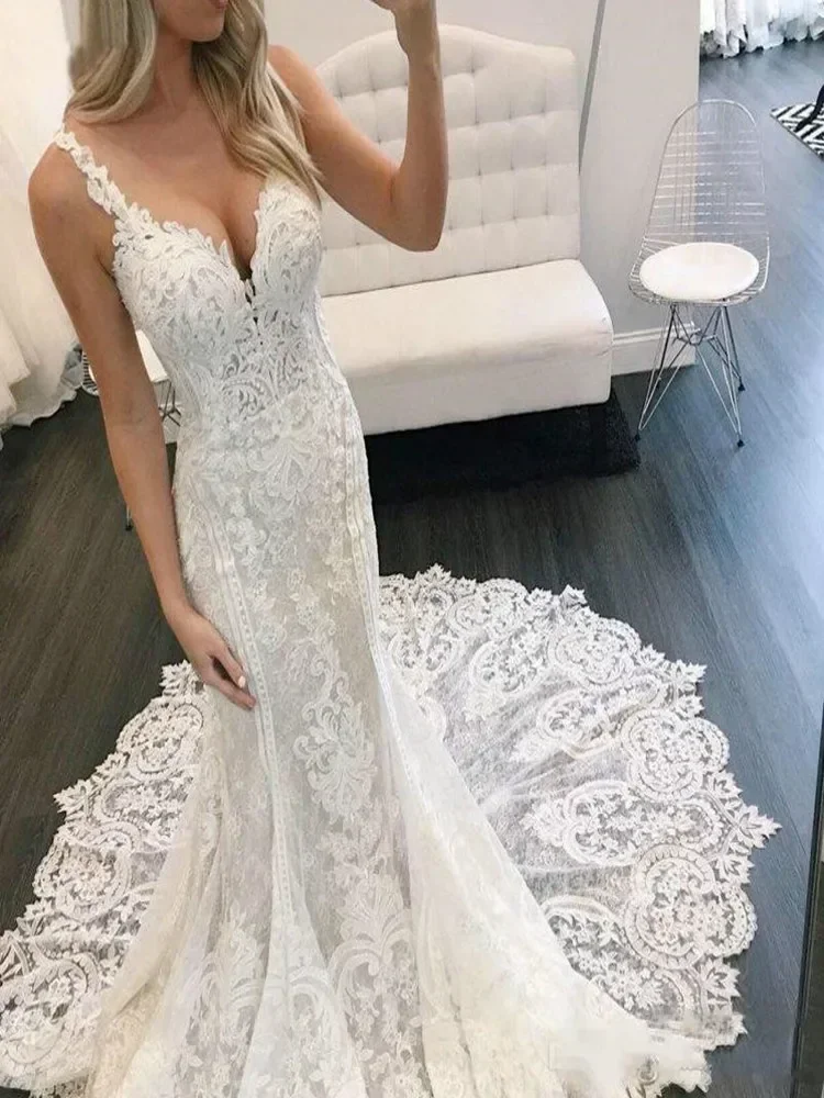 Customized Mermaid Vestidos De Noiva Lace Appliques Plus Size Bridal Gowns V Neck Spaghetti Strap Backless Wedding Dress