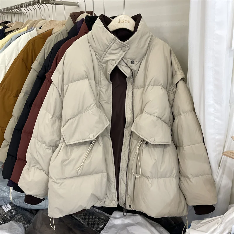 

Winter Stand Collar Solid Mid Length Down Jacket Female Big Pocket Warm Parker Outwears Women White Duck Down Thick Down Jackets