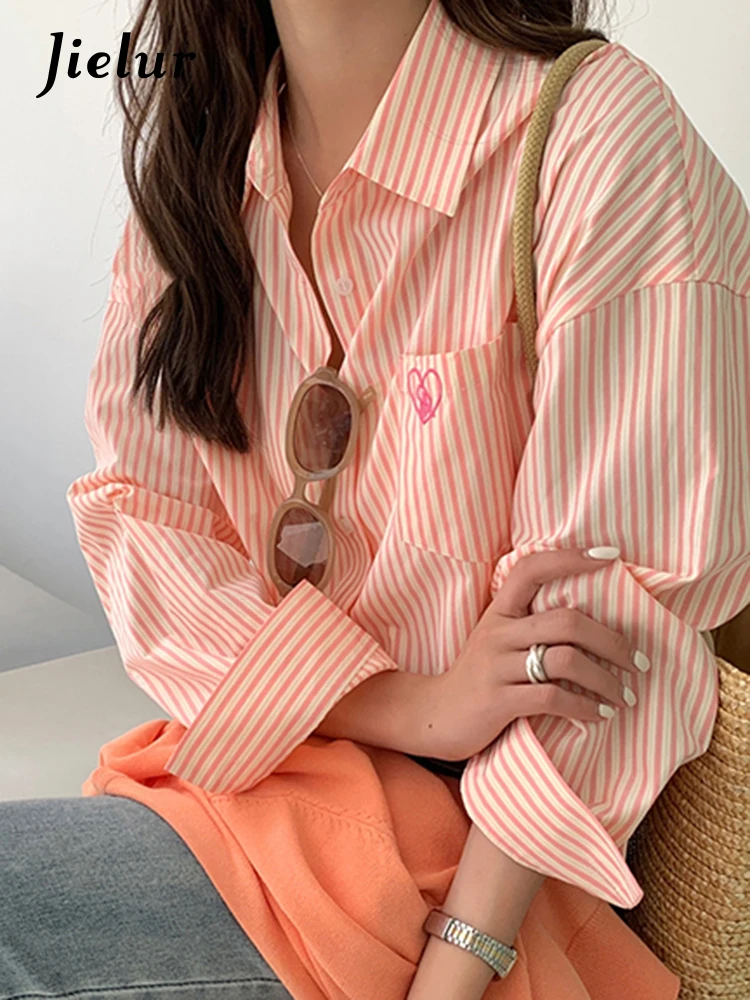 Jielur Pink Striped Embroidery Women Shirt Spring New Drop Sleeves Single Breasted Fashion Female Shirts Chic Casual Office Lady